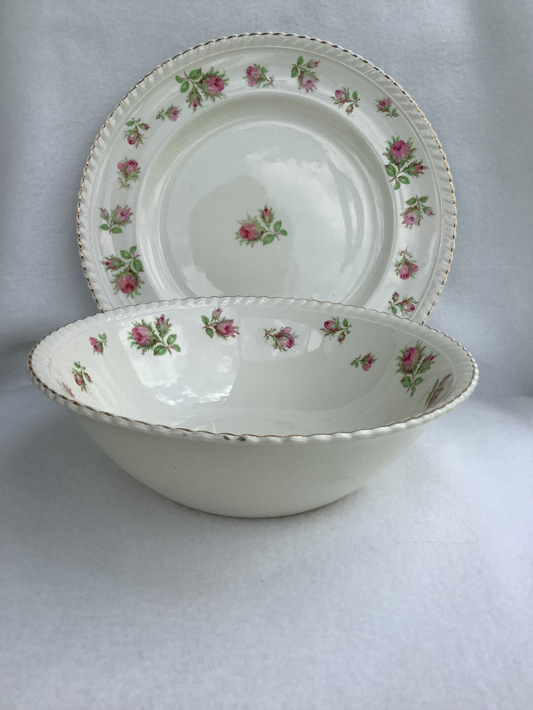 Johnson Bros Pink Rose, Old English Serving Bowl and Dinner Plate