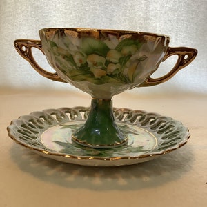 Vintage Japan Lusterware Dessert Dish With Bottom Plate, Green and Gold