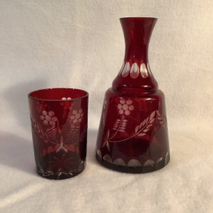 Bohemian Red Crystal Cut Tumbler Up Carafe And Glass