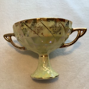 Vintage Japan Lusterware Double Handle Dessert Dish, Yellow and Gold