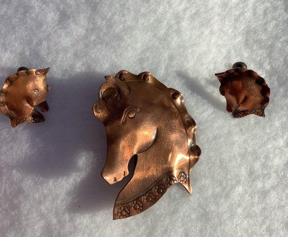 Vintage Signed Copper Pin and Earrings, Horse, Eq… - image 1