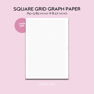 Peut inclure: Papier quadrillé imprimable A5 avec une grille carrée de 4 mm. Le papier mesure 14,8 cm sur 21 cm. Le papier est blanc et les lignes de la grille sont gris clair.