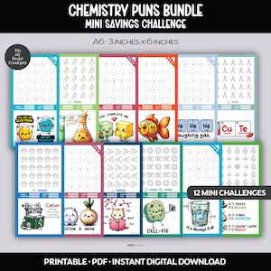 Mini Savings Challenge Bundle | Printable PDF | Low Income Budget | Chemistry Themed Puns | Digital Download | Laugh Cation React | 12 Minis