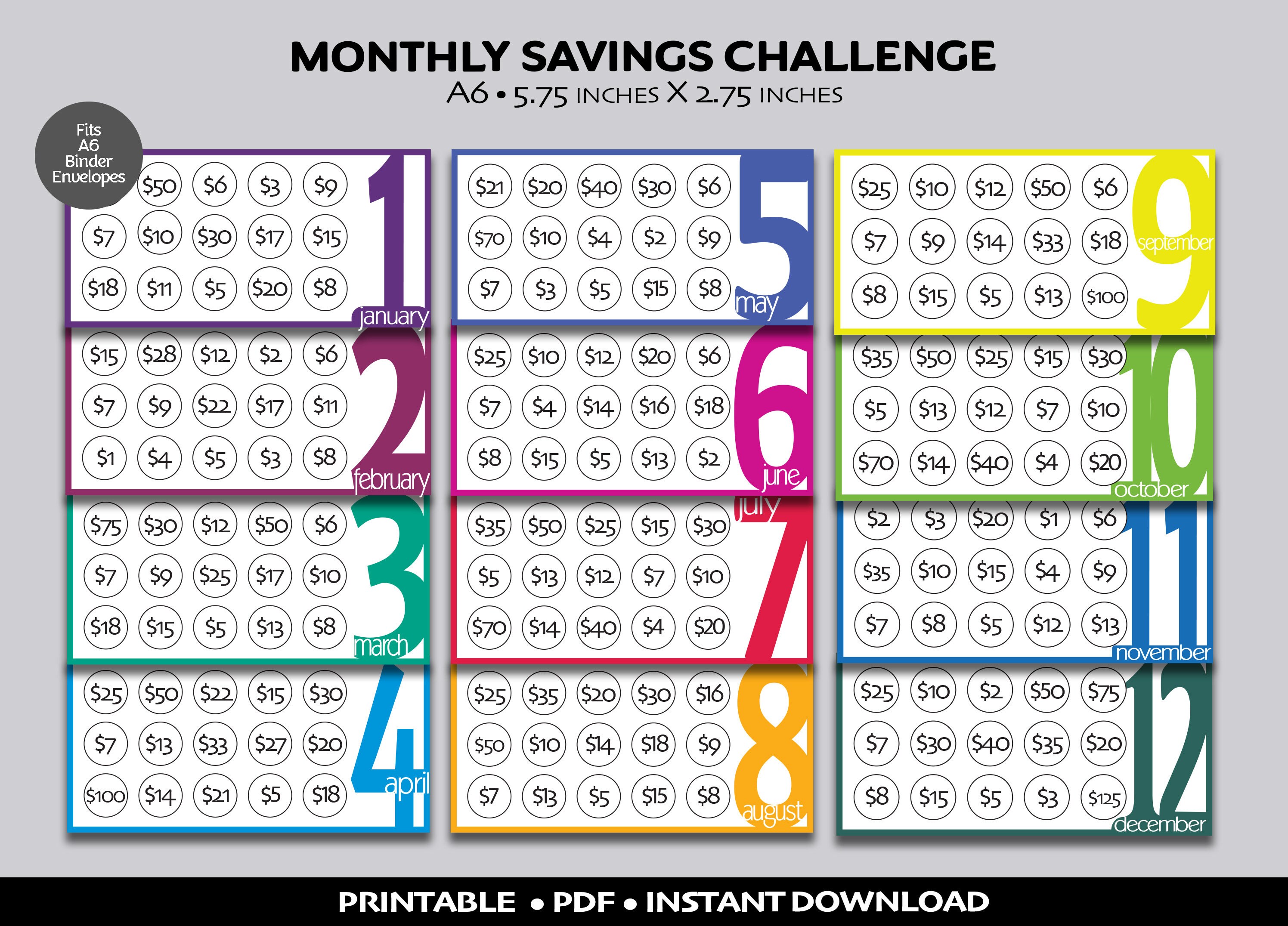 Printable Monthly Savings Challenge for A6 Cash Binder | Monthly Money Challenge | Save 100 to 450 Dollars | Rainbow Savings Challenge | PDF