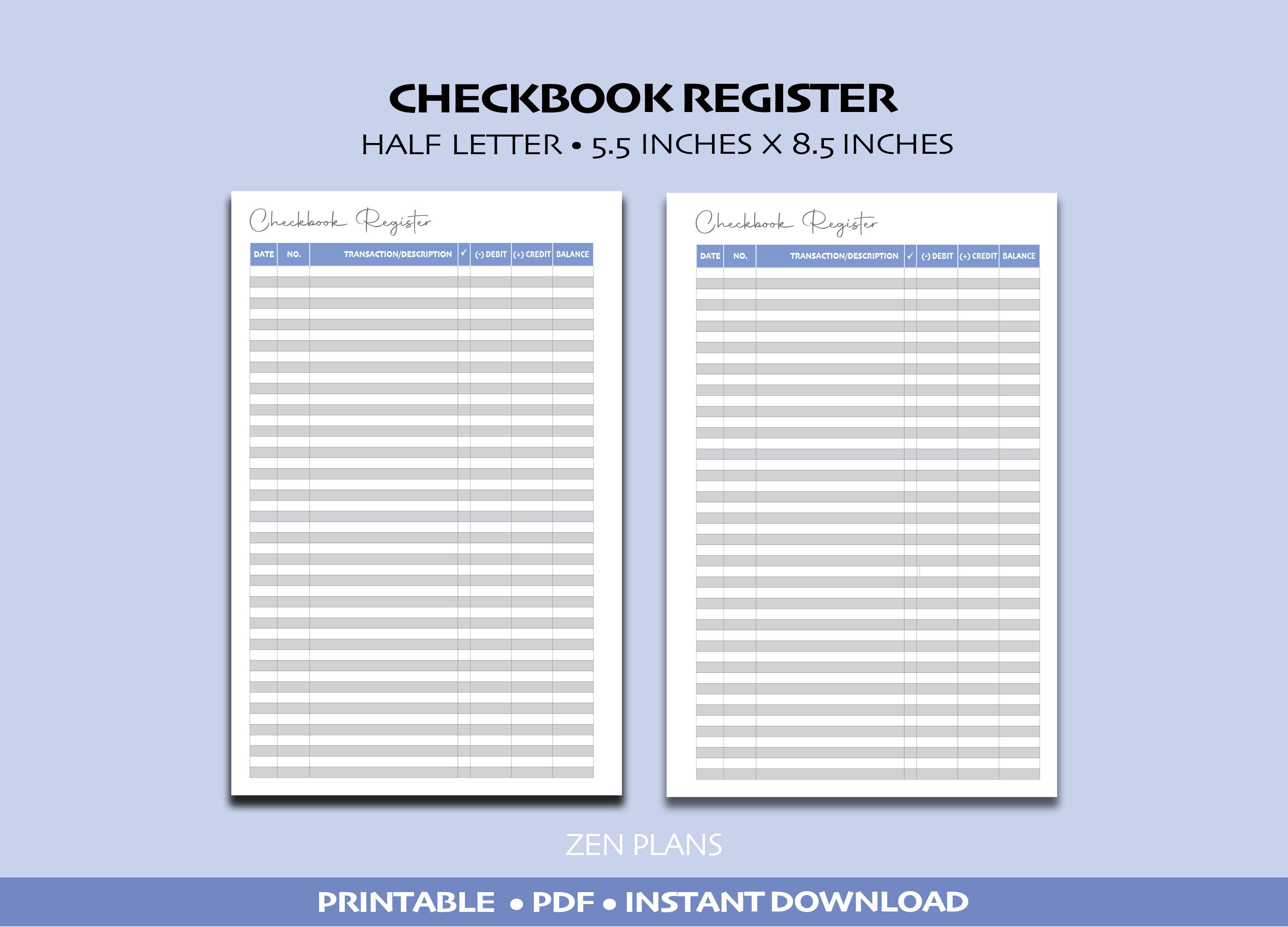 Checkbook Register | Checkbook Log | Financial Planner | HALF LETTER ...