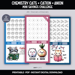 Mini Savings Challenge Chemistry Cats, Cation, Anion Printable PDF | Low Income Budgets | Chemistry Puns | Digital Download | Cat Challenge