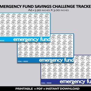 May include: Printable emergency fund savings challenge tracker with a goal of $1000. The tracker features a grid of 100 piggy banks with umbrellas, representing each $10 saved. The tracker is designed to fit A6 cash envelopes and measures 5.90 inches by 3.00 inches.