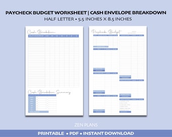 Paycheck Budget Template Worksheet | Cash Envelope Breakdown Sheet | Income & Expense Money Management Worksheet | Budget Binder | Printable