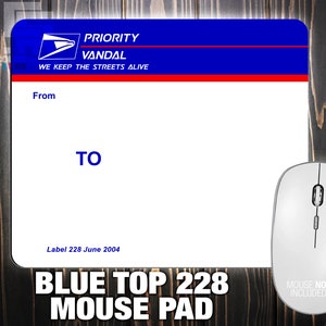May include: Blue and red mouse pad with the text "PRIORITY VANDAL WE KEEP THE STREETS ALIVE" and "Label 228 June 2004". The mouse pad also has the text "BLUE TOP 228 MOUSE PAD" and "MOUSE NOT INCLUDED".