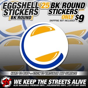 May include: A pack of 25 eggshell white round stickers with a blue and yellow logo. The logo is a stylized letter C with a yellow crescent shape on top and bottom. The text "EGGSHELL 25 BK ROUND STICKERS" is at the top of the image. The text "BK ROUND" is in brackets below the first line of text. The text "STICKERS ONLY $9" is at the top right of the image. The text "SHIPPING NOT INCLUDED" is below the price. The text "HARD TO BUFF = STICK TO VIRTUALLY ANY SURFACE" is at the bottom of the image. The text "WE KEEP THE STREETS ALIVE" is at the bottom center of the image. The text "ALSO AVAILABLE: PREMIUM VINYL | HOLOGRAPHIC VINYL | CUT TO ANY SHAPE" is at the bottom of the image.