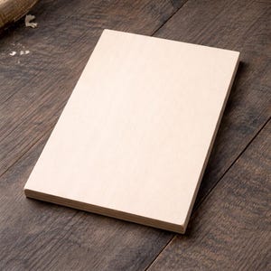 May include: A rectangular, light-colored wooden board with a smooth, flat surface and visible grain. The board features straight, clean edges and a uniform thickness, presenting a simple, unadorned appearance suitable for various craft projects.