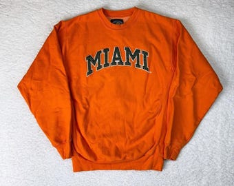 Vintage 90s/Y2K Miami Spell Out Embroidered Orange Crewneck Sweatshirt • Small