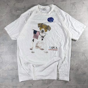 Vintage Y2K SPCA Jack Russell Terrier USA Flag T Shirt • Large