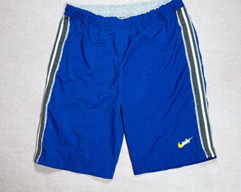 Vintage Y2K Nike Athletic Shorts Blue Black White Side Stripe Logo Medium