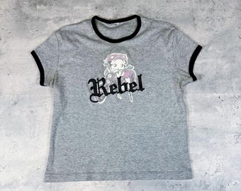 Vintage Y2K Rare Betty Boop Rebel Biker Moto Crop T Shirt • Small