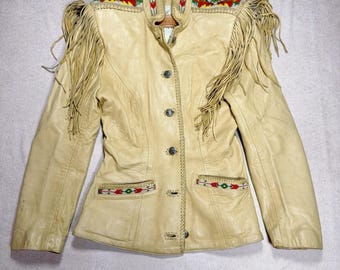 Vintage 80s Ren Ellis Fringe Leather Western Beaded Tan Button Up Cowboy Cowgirl Jacket Medium