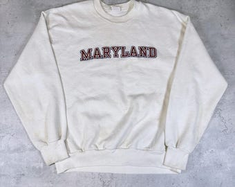 Vintage 90s Maryland Spell Out Sweatshirt White College Style Crewneck Pullover • Large