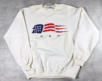 Vintage 80s 90s USA Flag White Sweatshirt Large