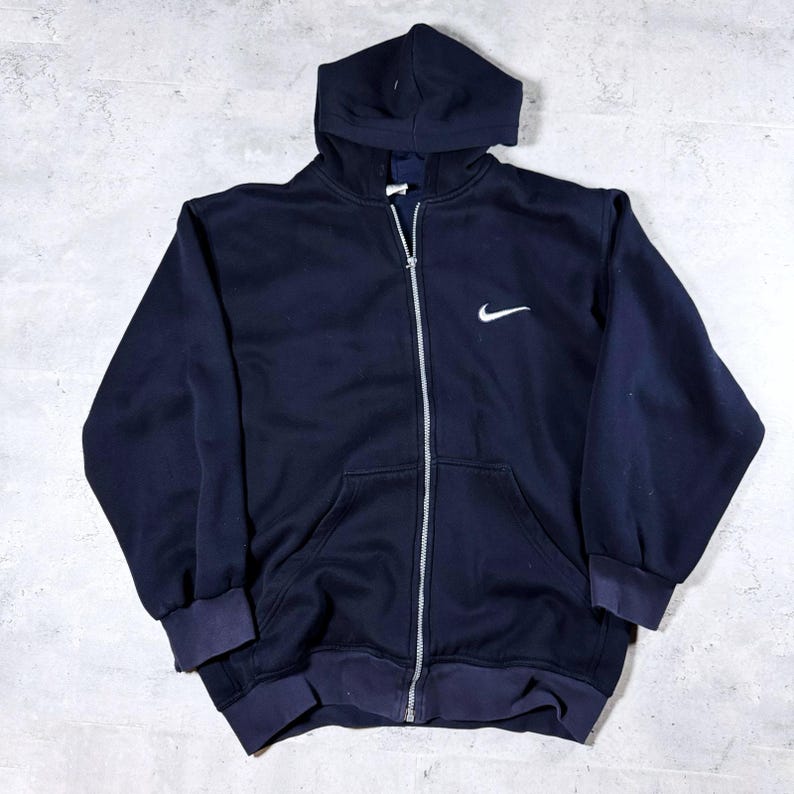 Vintage 90s Nike Hoodie Navy Blue Zip Up • Medium image 2