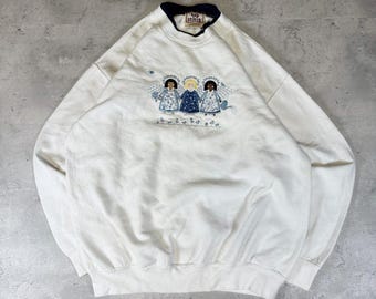 Vintage 90s Top Stitch Cute Angels Sweatshirt • Large