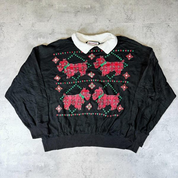 Vintage 90s Scottie Dog Laced Collar Black Christmas Sweater • XL