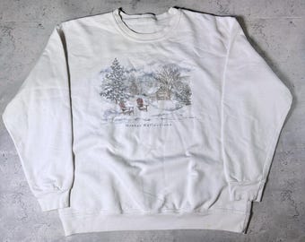 Vintage 90s Winter Reflections Cottage White Sweatshirt • Large