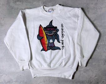 Vintage 90s Seaside Park NJ New Jersey Surfer Shark Sweatshirt • Youth Medium