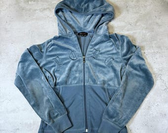 Vintage Y2K BCBG Velvet Velour Blue Zip Up Hoodie • Small