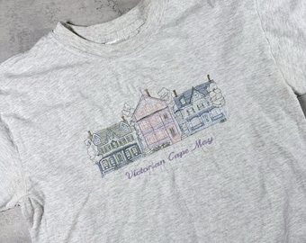 Vintage 90s Victorian Cape May NJ New Jersey Embroidered Grey T Shirt • Medium