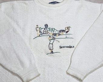 Vintage 80s 90s Scottish Isle Golf Golfing Cream Knit Sweater XXLh