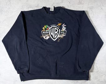 Vintage 90s Warner Brothers Looney Tunes Navy Blue Sweatshirt • Medium *flaws
