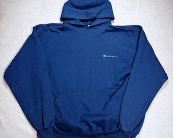 Vintage Champion Navy Blue Spell Out Hoodie Large