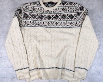 Vintage 90s Cream Knit Patterned Nordic Winter Sweater • XL