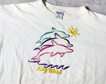 Vintage 90s Key West Florida Colorful Dolphin Embroidered White T Shirt • XL