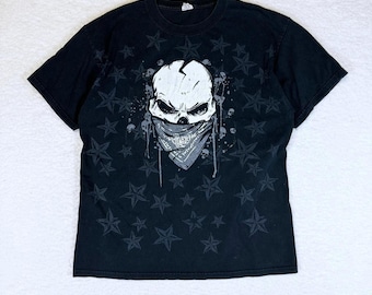 Y2K Skull With Bandana Stars Black T Shirt • Large