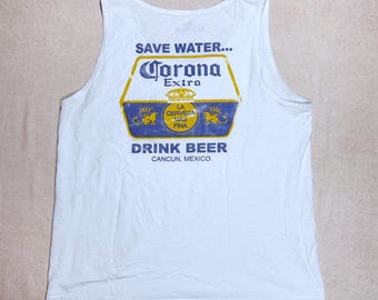 Vintage 90s Cancun Mexico Corona Beer Save Water Funny Faded Tank Top Tee Large