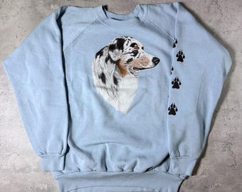 Vintage 80s Australian Shepherd Dog Blue Sweatshirt • XL