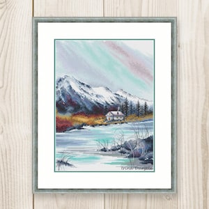 Cross stitch pattern houses mountains river forest xstitch Watercolor PDF instant download modern embroidery chart counted cross stitch