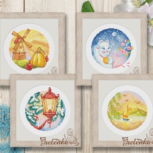 Cross stitch pattern four Seasons Set Winter Summer Spring XStitch PDF instant download modern embroidery chart counted cross stitch