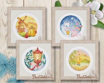 Cross stitch pattern four Seasons Set Winter Summer Spring XStitch PDF instant download modern embroidery chart counted cross stitch