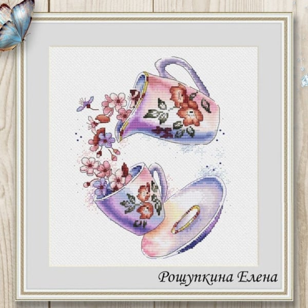 Cross stitch pattern Сups Flowers cross stitch tea xstitch PDF instant download modern chart counted cross stitch kitchen cross stitch