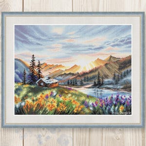 Cross stitch pattern house forest mountains river xstitch field Watercolor PDF instant download modern embroidery chart counted cross stitch