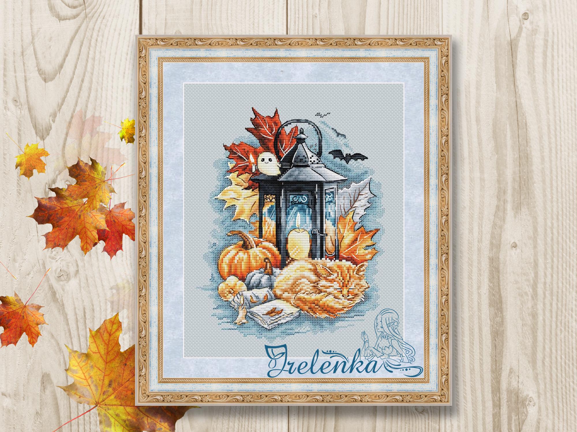 Cross Stitch Pattern Cat Halloween Pumpkin Lamp Candles PDF