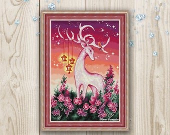 Cross stitch pattern Deer Flowers PDF instant download modern embroidery chart counted cross stitch Animals Cross Stitch Cross Stitch forest