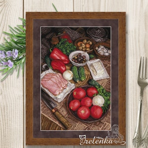Cross stitch pattern Still Life vegetables ham kitchen xstitch anion PDF instant download modern embroidery chart counted cross stitch food image 1