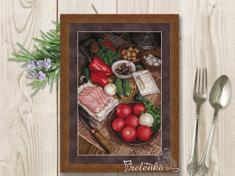 Cross stitch pattern Still Life vegetables ham kitchen xstitch anion PDF instant download modern embroidery chart counted cross stitch food image 1
