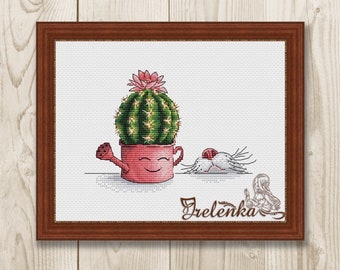 Cross stitch pattern Cactus Spout Cat xstitch Pot Flower PDF instant download Animals Cross Stitch modern chart counted cross stitch