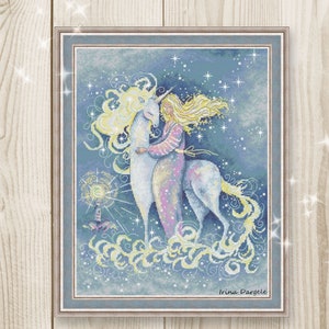 Cross stitch pattern Lighthouse Light xstitch Unicorn Girl Fantasy blue PDF instant download modern embroidery chart counted cross stitch