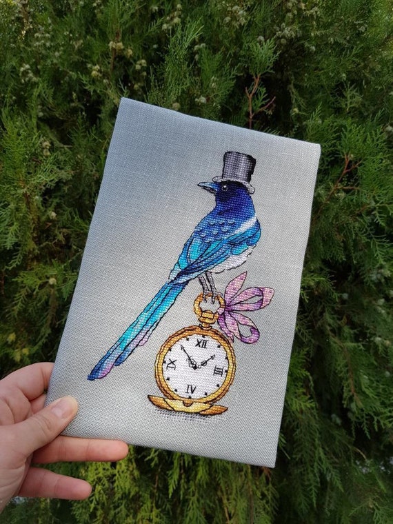 Cross Stitch Pattern Magpie Blue Clock Cylinder Bird PDF