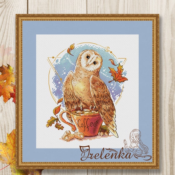 Cross stitch pattern coffee barn owl leaves cup cosiness xstitch PDF instant download modern embroidery chart counted cross stitch